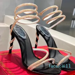 Sandały dla projektanta mody seksowne otwarte palec kostki Wysokie obcasy Rose Gold Snake Wrap Rhinestone High Obcing Sandals Sandals Summer Top Quality Stiletto