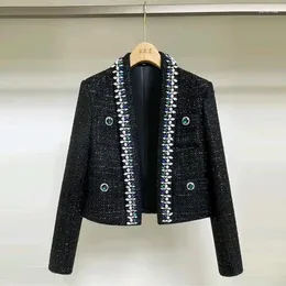 レディースジャケットハイストリートファッション秋冬の女性フルスリーブクリスタルダイヤモンド刺繍フレアルーレックススプレッチツイードブラックジャケット