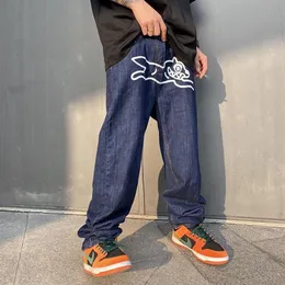 Männer Jeans Flying Dog Print Gerade Lose Herren Retro High Street Oversize Casual Denim Hosen Harajuku Gewaschen Hip Hop Jea301N