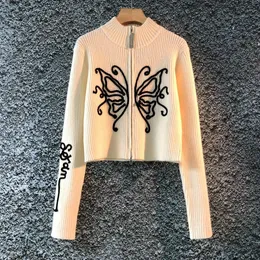 السيدات Stand Stand Zipper Cardigan Retro Butterfly Embroidery Short lebroded Sml
