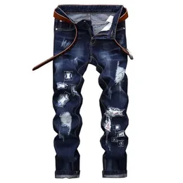 MORUANCLE Modische Herren-Jeanshose, gewaschen, gerade, zerrissen, Distressed-Patchwork-Jeans, Blau, Übergröße, 28-42293U