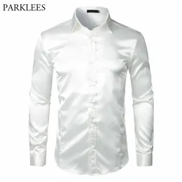 Stylish White Silk Satin Shirt Men Chemise Homme Casual Long Sleeve Slim Fit Mens Dress Shirts Business Wedding Male Shirt 200925206s