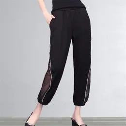 Calças femininas y2k roupas verão sexy pura malha retalhos diamantes harem coreano elegante preto fino gelo seda calças pantalones