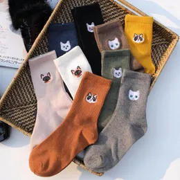 Women Socks Spring Autumn Lovely Animal Embroidery Kitty Dog Sokken Creative Fashion Funny Candy Color Cotton Sox Christmas Present