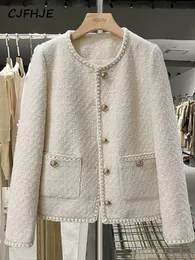 Kvinnors jackor cjfhje elegant vårens höst runda nacke rockar kvinnor koreanska mode office lady coats beige chic knapp kort tweed jacka 231010