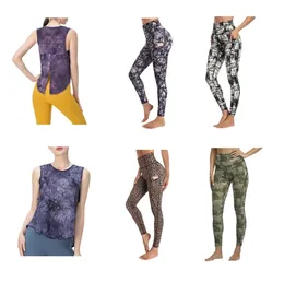 Luu Yoga Mulheres Leggings CAMO Tampa de bolso designer de tampa plana Taquela plana Mesh Mesh Yoga Vestido sem mangas camisetas femininas