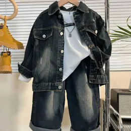Kläderuppsättningar 2023 Teens Spring Autumn Two Piece Denim Leisure Style Jacket Pants Suit for Boys Kids Fashion Coat Jeans kläder 4-12y