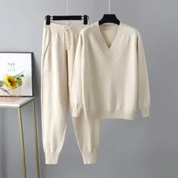 Kadınlar İki Parçalı Pantolon 2023 Sonbahar Kış Kadınları V Boyun Sweater Set Kadın Örme Takım Moda Gündelik Kazak Trailsits Dış Giyim 231011