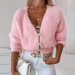 Blusas femininas 2023 sexy com decote em v velo manga longa pulôver senhora do escritório sólido solto camisola cardigan chique bowknot botão de diamante de malha