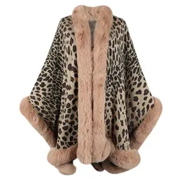 ショールズ冬の濃い暖かいポンチョ毛皮の襟ケープコート女性ヴィンテージヒョウセーターカーディガン女性バットウィングスリーブショール231012