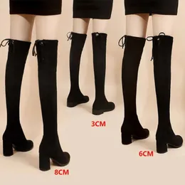 Boots Faux Suede Female Heels Autumn Zipper Elastic Knee-high Boots for Women Tube Lace-up Thigh Gigh Boots Black Botas Mujer 231011
