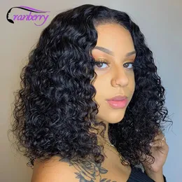 Syntetiska peruker Cranberry Short Curly Bob Wig Wet and Wavy Water Wave Bob Wig malaysisk spets främre mänskliga hår peruk för kvinnor 13x4 Frontal peruk 231011