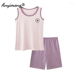 Women's Sleepwear Sporty M-4XL Big Size Women Pajamas Summer Sleeveless 2 Pieces Set Gril Casual Vest Pijama Cool Cotton Shorts Pyjama