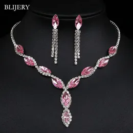 Bröllopsmycken set Blijery Fashion Pink Crystal Prom för kvinnliga tillbehör Floral Tassel Necklace örhängen Brud 231012