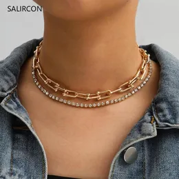 Salircon Fashion Shiny Tennis Rhinestone Choker Necklace U Shaped Clavicle Chain Crystal Necklace For Women Gold Color Jewelry274e