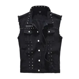 Men's Vests Denim Vest Men Punk Rock Rivet Cowboy Black Jeans Waistcoat Fashion Motorcycle Style Sleeveless Jacket M6XL 231011