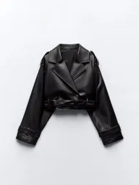 女性のブレンドRR3191短い特大の革のエフェクトトレンチコート偽のクロップドジャケットレディース長袖ゆる女性コート231012