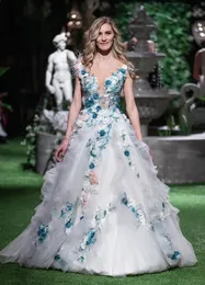 Princess 3D Floral Appliques Wedding Dress 2024 ljusblå spets ren nacke en linje lång tyll brudklänningar romantiska chic brudklänningar skräddarsydda