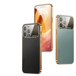 Luxury Lambskin Leather Plating Phone Case för iPhone 14 13 Pro Max Hållbara robusta smala fulla skyddande mjuk stötfångare fast färg bakåt med kameralinsskydd