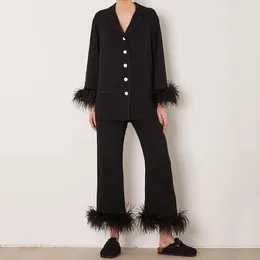 Women's Sleepwear Feathers Women Nightwear Double Pockets Suit Lapel Single-Breasted Pajama Sets 2023 Fashion Female Home Clothe