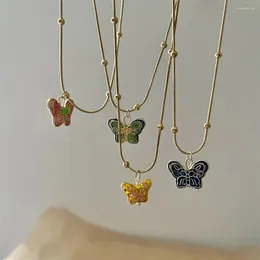 Pendentif Colliers Mode coréenne Vintage émail coloré papillon collier doux dessin animé animal titane acier pour femmes bijoux