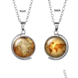 Pendant Necklaces Vintage Kraft Paper World Map Time Gem Necklace Double-Sided Glass Cabochon Rotatable Globe Necklaces For Men Women Dhsfz