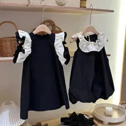 Girl Dresses Baby Sister Girl's Dress 2023 Summer Fashion Black Small Flying Sleeve Or Contrast Bubble Skirt Princess