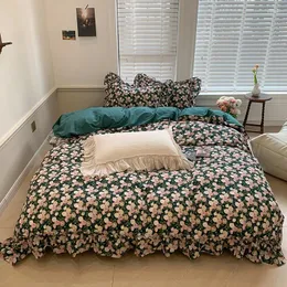 Conjuntos de cama de algodão vintage pintura a óleo rosa conjunto lavado flores babados colcha capa plana / lençol fronhas