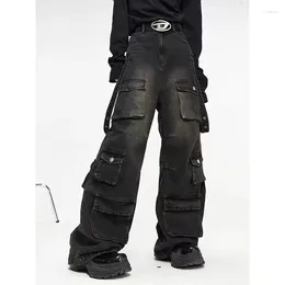 メンズジーンズアレン貨物パンツメンズオーバーサイズワイドレッグデニムズボン男性ブラックデザイン日本のストリートウェアヒップホップポケットサファリスタイル