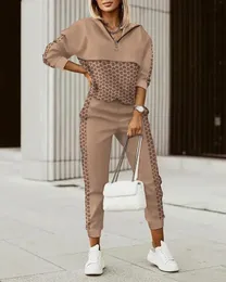 Women's Two Piece Pant Tracksuit 2 Set Long Sleeve Sweatshirt Fashion Lattice Zipper Top Casual Pocket Trousers Ladies Suit 231011