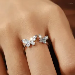 Cluster-Ringe, süßer Kristall, doppelter Schmetterling, Zirkon für Frauen und Mädchen, koreanischer minimalistischer Ehering, verstellbar, silberfarbener Schmuck