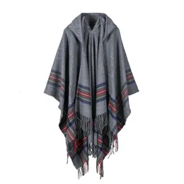 Shawls Fashion Women Winter Shawl Wraps Thick Warm Blanket Scarf Oversize Hooded Black Ponchos And Capes Striped Tassel Echarpe 231012