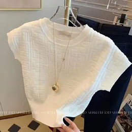 T-shirt da donna in tessuto lavorato a maglia bianco manica corta 2023 Primavera ed estate Temperamento di alta qualità Entry Lux Top