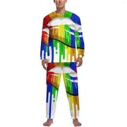 남성용 잠자기 LGBT 입술 무지개 깃발 색상 잠옷 자존심 남자 긴 소매 귀여운 세트 2 조각 캐주얼 가을 디자인 홈복 선물