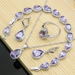 Zestaw biżuterii ślubnej srebrne 925 Zestawy fioletowe krople kamienne kolczyki pierścienie modne akcesoria Wdding Naszyjnik 231012