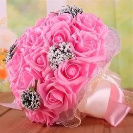 Beautiful Bridal Wedding Bouquet All Handmade Bridal Flower Wedding Bouquets Artificial Pearls Flower Rose Bouquet with gift 9 Col2681