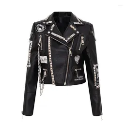 Kvinnorjackor Streetwear Spring Autumn Black Zipper Rivet Women Chain Faux Leather Jacket Casual Slim Motorcykel Biker