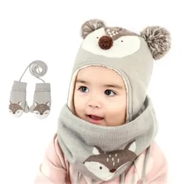 帽子スカーフグローブセット3pcs/set baby冬の帽子秋温かい帽子スカーフグローブポンポムボール編みクロシェビーニービーニー帽子hat