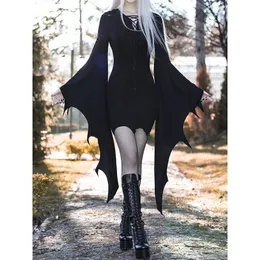 Casual Dresses Gothic Hohe Taille Schwarzes Kleid Vintage Ästhetische Fledermausärmel Minikleider Goth Elegantes Bandage Partykleid Frauen Outfits