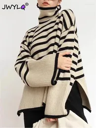 Women's Sweaters Autumn Winter Turtleneck Side Slit Stripe Stitching Pullover Sweater Korean Fashion Loose Knitted Casual Streetwear Tops
