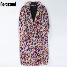 Kvinnors päls faux päls Nerazzurri Multicolor Long Colorful Leopard Print Faux Fur Coat Women Warm Thick Womens Fashions Winterkläder 5xl 6xl 7xl 231011