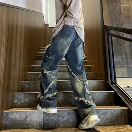 Mäns jeansstjärna Tassel Frayed Straight Baggy Cargo Hip Hop Patchwork Pants Harajuku Male Female Streetwear Casual Denim Trousers