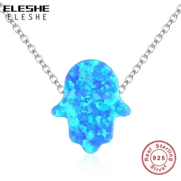 Pendant Necklaces 925 Sterling Silver Fashion Long Chain Crystal Necklace Sweater Jewelry Fashion Blue Opal Palm Hamsa Hand Necklace Women Gift 231012