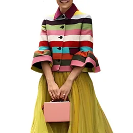 Women's Jackets Lemongor Female Stylish Flared Sleeves MultiColored Striped Lapel Elegant Going Out Birthday Party Outerwear For Women 231011