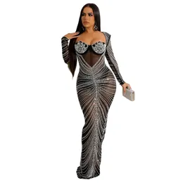 Glitter Mesh See Through Party Maxi Dress for Women mode Full Sleeve Bodycon Sexig klubb Lång kvällsklänning Vestido