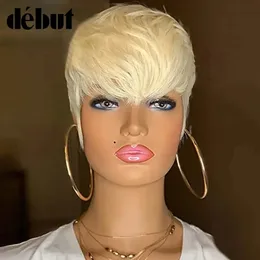 Syntetiska peruker debut 613 Honey Blonde Color Wig Short Wavy Bob Pixie Cut Full Machine Made Human Hair Wigs With Bangs for Black Women Remy 231012