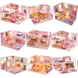 Docka hus tillbehör diy casa trä miniatyr byggnadssatser rosa prinsess rum dollhus med möbler lätt villa leksaker för flickor gåvor 231012