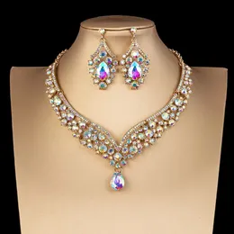 Wedding Jewelry Sets Luxury Crystal AB Color Choker Necklace Earrings Set Rhinestone Bridal for Bride Party Costume Bijoux Femme 231012