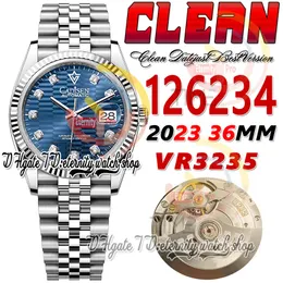 Clean CF 126234 VR3235 Automatic Unisex Watch Mens Woman Watch 36mm Blue Fluted Diamonds Markers Dial 904L Jubileesteel Bracelet Super Edition eternitywatches