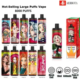 정통 Sunfire 9000 8000 퍼프 DTL 일회용 vape 18ml 사전 채워진 600mAh USB 재충전 증기 조절 가능한 공기 흐름 0mg 20mg 30mg 50mg 제조업체 공급